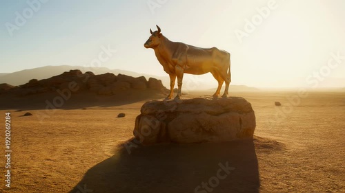 Radiant Golden Bull Idol Stands on Desert Rock, Sun-Kissed Vast Landscape, Cinematic Orbit