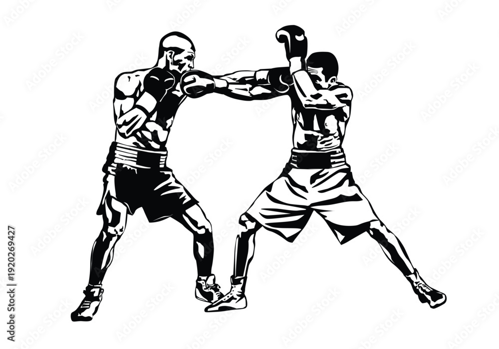 Naklejka premium Boxing Match Vector Illustration – Two Boxers Sparring, Black and White Sports Silhouette