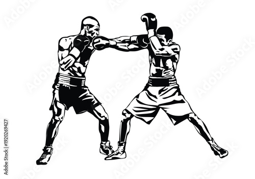 Boxing Match Vector Illustration – Two Boxers Sparring, Black and White Sports Silhouette