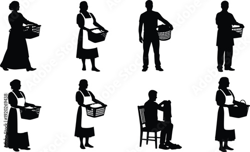Large vector set of black silhouettes featuring men and women doing laundry, carrying baskets full of clothes, and washing garments isolated on white.