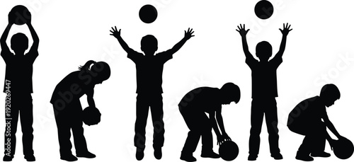 Large vector set of black silhouettes featuring young children and kids playing with balls, throwing, catching, and bouncing in various active sports positions.