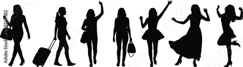 Large vector set of black silhouettes featuring young women walking with suitcases and handbags, waving hands, dancing, and posing in various active lifestyle positions.