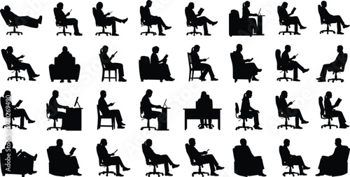 Large vector set of black silhouettes of people sitting in office chairs and armchairs, working on laptops, reading books, and using mobile phones.