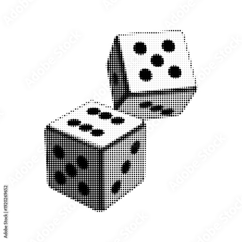 Black and white halftone dice illustration isolated on white background. Vintage engraved casino cubes symbolizing gambling, luck, chance and risk concept.