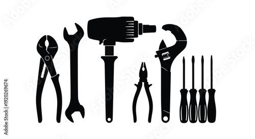Black silhouette of various hand tools on white background, including pliers, wrenches, screwdrivers, and drill, for repair, maintenance, and DIY projects