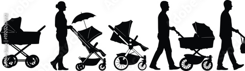 Silhouette collection of parents walking with baby stroller and pram isolated on white background, family parenting concept vector illustration set