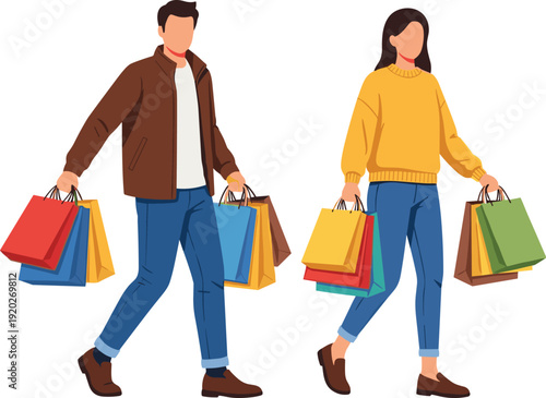 Vector Illustration of a Young Man and Woman Carrying Multiple Colorful Shopping Bags While Walking Forward Isolated on White Background for Retail and Lifestyle Design