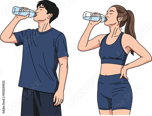 Vector illustration of a young man and woman in sportswear drinking water from plastic bottles to stay hydrated after fitness workout and exercise.