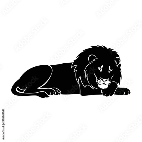 Silhouette of a reclining lion resting on the ground in black and white.
