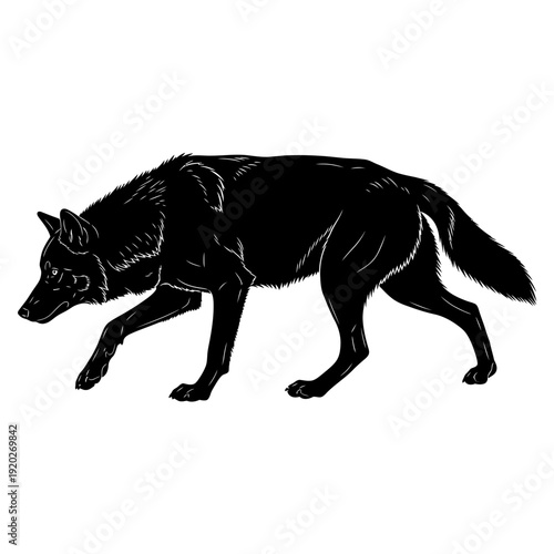 Profile view of a black wolf-like canid in silhouette walking.