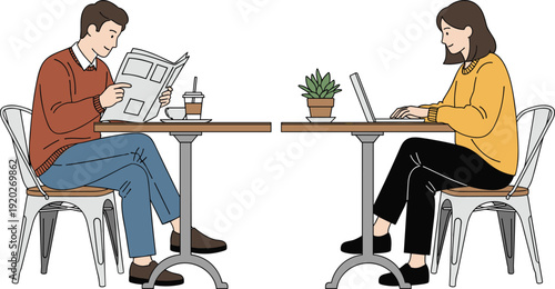 Vector illustration of a young man reading a newspaper and a woman working on a laptop at a cafe table with coffee and plants.