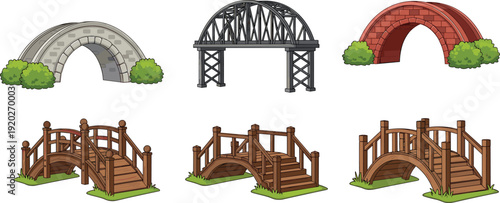 Vector set of various bridges including stone arch bridges, a metal truss bridge, and wooden garden footbridges isolated on a white background for design.