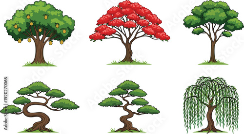 Vector set of various trees including a lemon fruit tree, a red flamboyant blooming tree, green oak trees, bonsai trees, and a weeping willow.