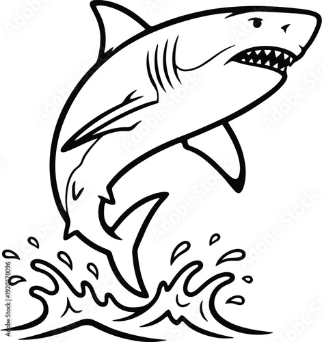 Jumping Shark Black and White Vector Illustration, Ocean Predator Line Art Design