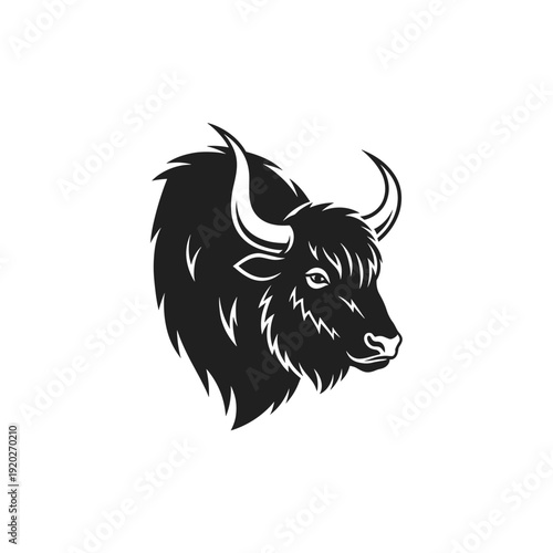Black and white illustration of a yak head with horns, depicted in a strong and stylized profile view.