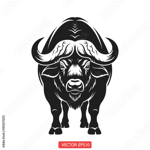A powerful black and white illustration of a buffalo with large horns, facing directly forward, depicted in a strong and stylized graphic art style.