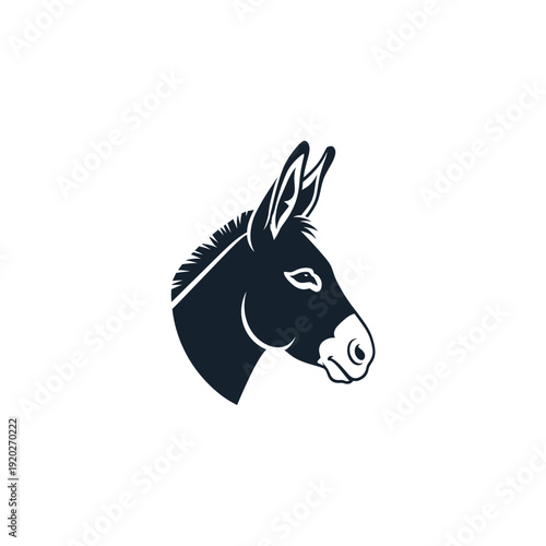 A black and white graphic illustration of a donkey's head in profile, showcasing its distinctive ears and muzzle.