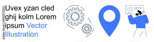 Business management, process automation, technology, geolocation, authentication, digital solutions. Gears, a map pin and a person holding an ID document. Business management and process automation