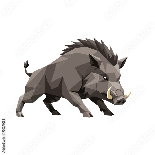 Geometric style illustration of a wild boar with tusks, depicted in shades of grey and brown, standing in an aggressive posture.