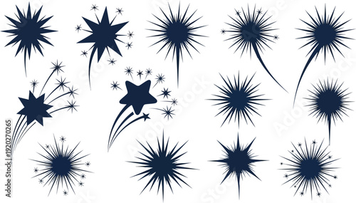 Magic star silhouette icons with shooting tails and comic explosion