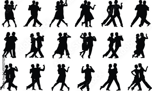 Ballroom dancing couple silhouettes collection, romantic tango waltz partners elegant black isolated vector illustration set
