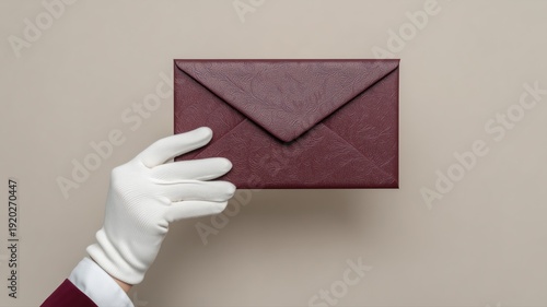 白い手袋をはめた手が高級感のある封筒を持つ写真。贈り物や特別なメッセージのイメージ素材。