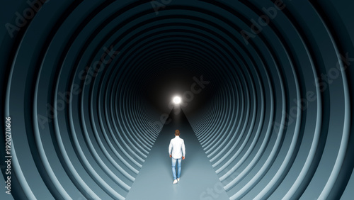 Bild auf Leinwand Man walking through a long ribbed tunnel toward a bright light representing sing