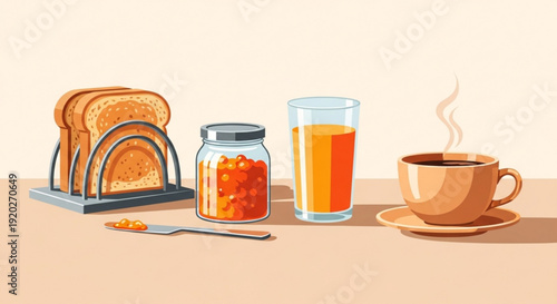 Breakfast table with toast jam orange juice and steaming hot coffee