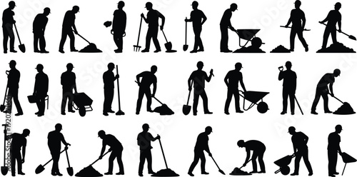 Construction worker silhouettes set, laborers digging shoveling carrying wheelbarrow isolated black vector illustration collection
