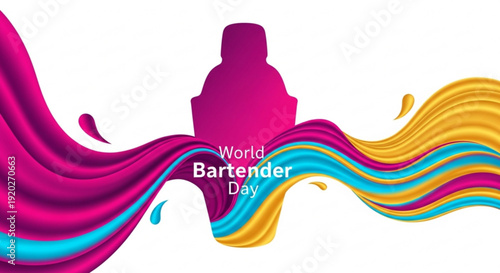Vibrant world bartender day graphic with colorful liquid waves and bottle silhouette on white background