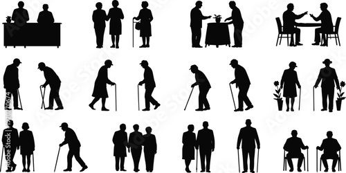 Elderly people silhouettes set, senior men and women walking with cane daily life black vector illustration collection