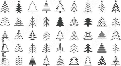 Minimal Christmas tree icon collection, modern line art pine symbols set for holiday greeting cards and winter decoration, flat vector illustration