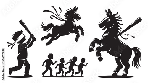 Vector Illustration Of Silhouette Children Playing With Horses And Baseball Bat For Kids Sports And Activities