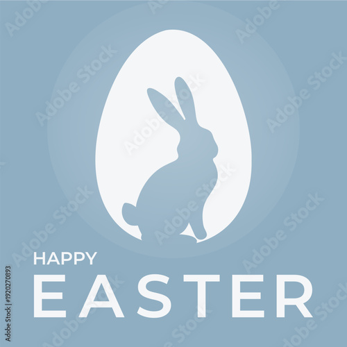 Minimal blue Easter greeting card with bunny silhouette inside egg shape. Soft pastel design with modern typography, perfect for seasonal promotions, spring branding and holiday marketing.
