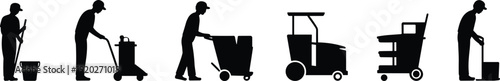 Janitor cleaning equipment silhouettes set, worker with mop bucket cart floor machine isolated black vector illustration