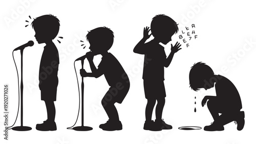 Vector Illustration Of Four Silhouette Boys Singing Into Microphone With Different Emotions For Music And Performance Concept