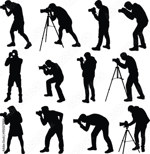 Photographer silhouette collection, professional camera operator shooting with tripod and DSLR poses isolated on white background, flat vector illustration