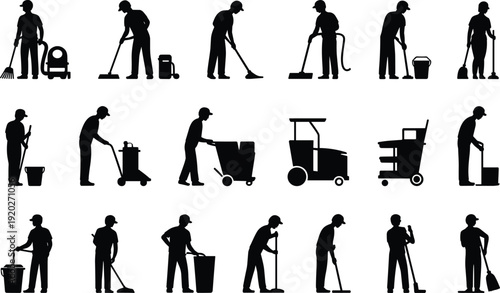 Cleaning service worker silhouettes set, janitor with mop vacuum bucket cart isolated black vector illustration collection