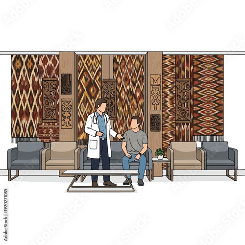 An illustration of a doctor and patient discussing health in a waiting room with colorful patterned tapestries and modern furniture.