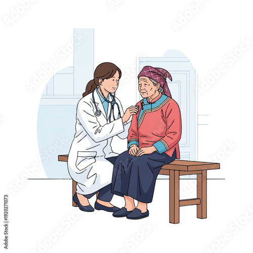 A female doctor consulting an elderly woman patient in a clinical setting with a stethoscope and a concerned expression.