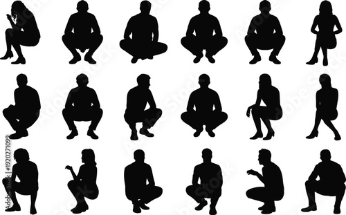 People squatting and crouching silhouettes collection, men and women casual poses isolated black vector illustration set