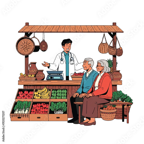 An elderly couple interacts with a vendor at a colorful market stall with various vegetables and fruits on display in a lively outdoor setting.