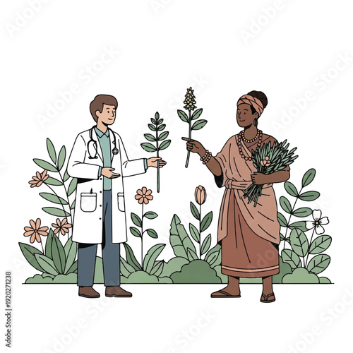Illustration of a male doctor and a female traditional healer exchanging plant specimens in a garden with a mix of flowers and greenery, conveying a professional and educational mood.