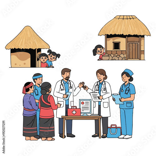 Medical professionals providing healthcare to a rural family in a village setting with traditional thatched huts and a first aid kit on a table.