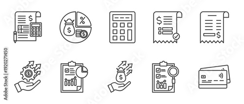 Accounting and tax icon set collection in outline style. Icon pack contain accounting, tax, calculator, invoice, receipt, financial, report, budget, audit,