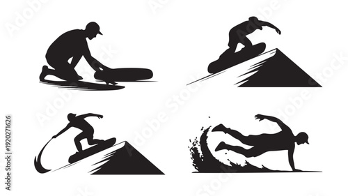 Vector Illustration Of Silhouette Skateboarder In Various Actions On Ramp For Extreme Sports Concept