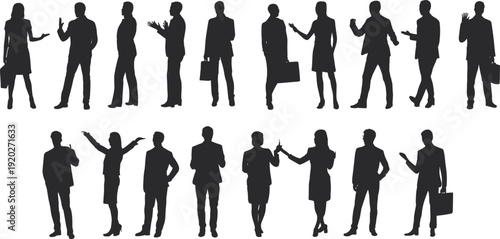 Business people silhouettes collection, professional men women standing talking holding briefcase, black vector isolated on white background illustration set