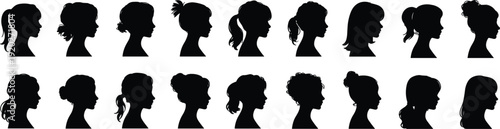 Collection of diverse female head silhouettes with different hairstyles woman profile