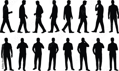 Male silhouettes walking and standing in various poses, man figures isolated on white background, casual lifestyle concept set