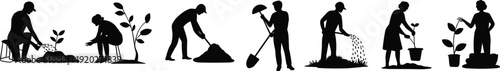 Gardener silhouettes planting and watering young trees, people working in garden isolated on white background, eco agriculture concept